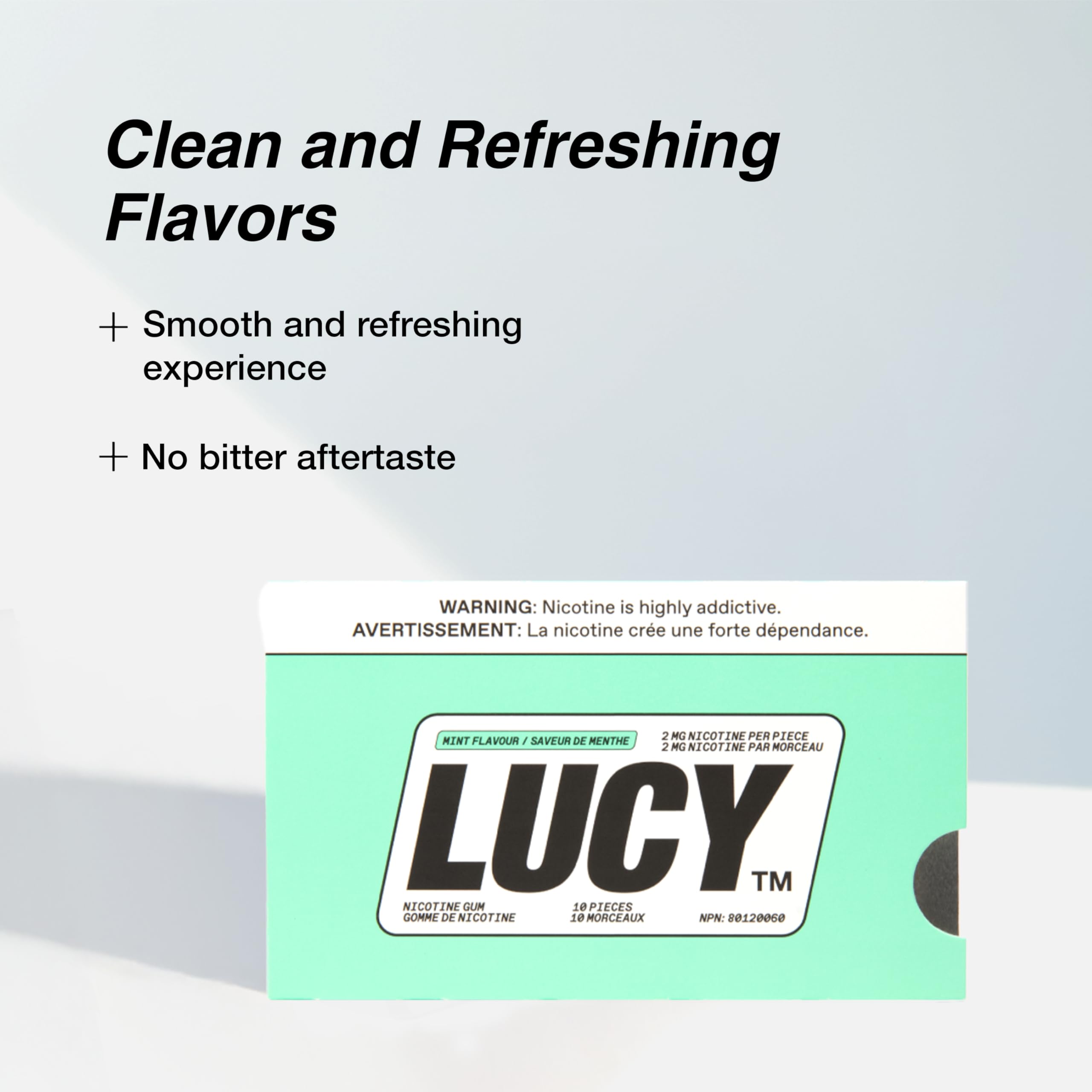 LUCY nicotine gum 2mg mint pack front for easy access anywhere.
