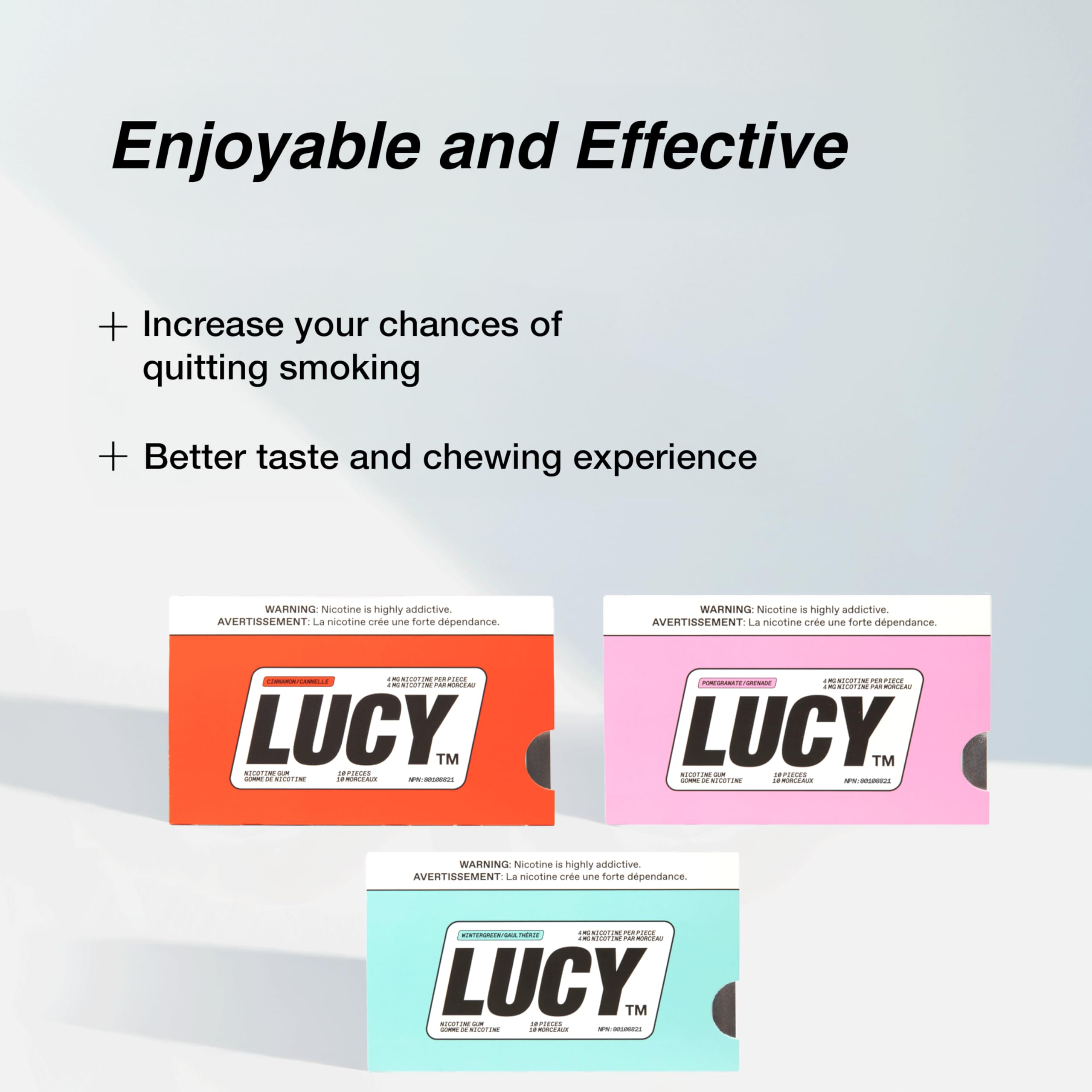 Lucy Nicotine Gum 4mg Cinnamon gum doses highlight convenient, portable craving support.