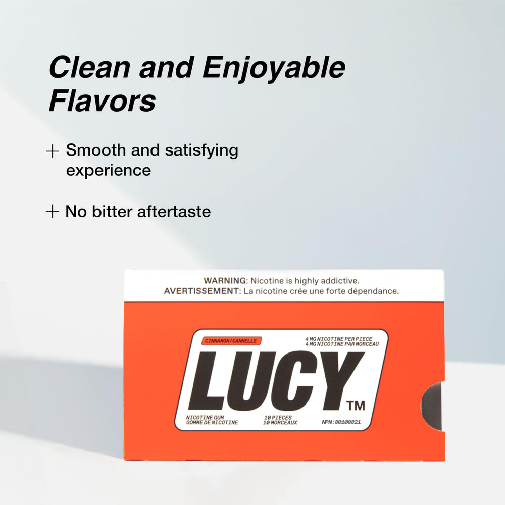 Close-up of individual Lucy gum pieces in cinnamon flavor.