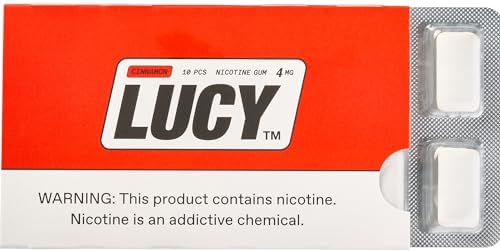 Lucy Nicotine Gum 4mg Cinnamon pack front view, 100-count carton.