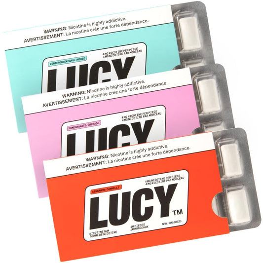 Lucy Nicotine Gum 4mg Cinnamon packaging offers a flavorful option to manage cravings on the go.