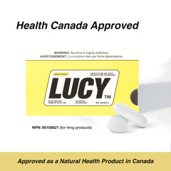 LUCY Nicotine Gum 4mg Mango brand logo closeup reinforces trust.