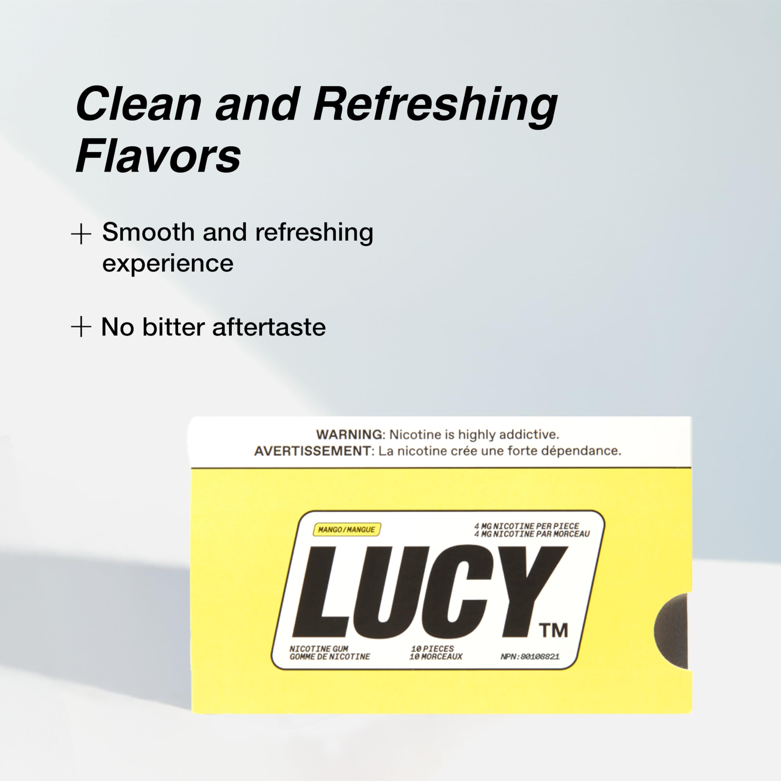 LUCY Nicotine Gum 4mg Mango flavor closeup emphasizes tangy mango taste.