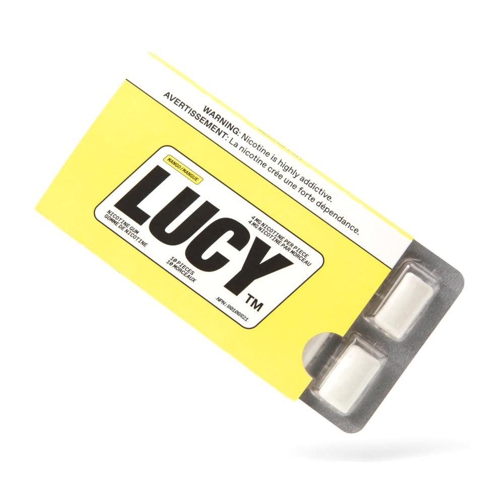 LUCY Nicotine Gum 4mg Mango packaging shows a 100-count box for easy daily use.