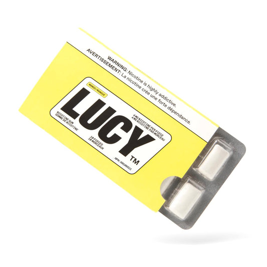 LUCY Nicotine Gum 4mg Mango packaging shows a 100-count box for easy daily use.