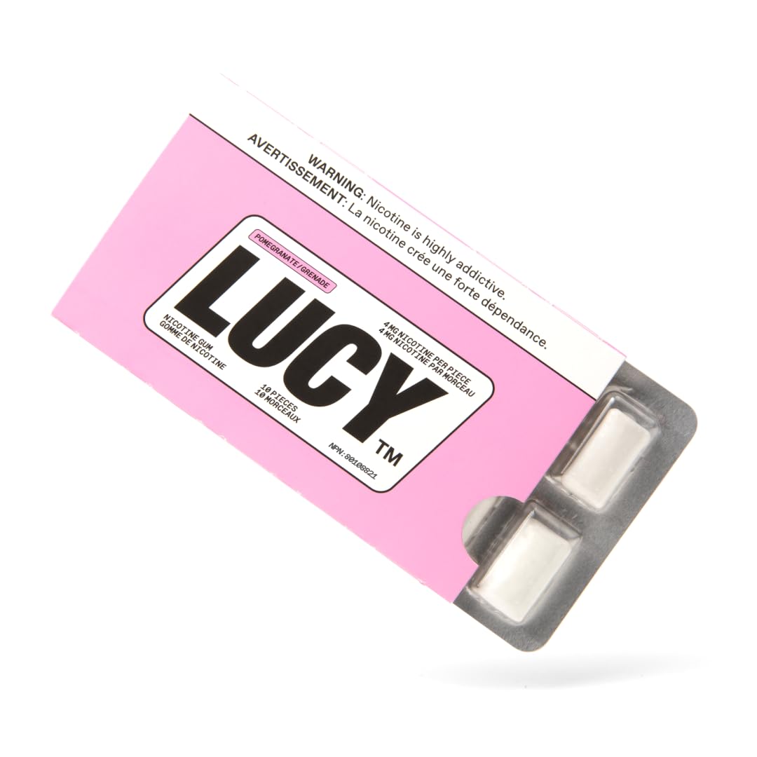 LUCY Nicotine Gum 4mg pomegranate blister pack, convenient on-the-go packaging.