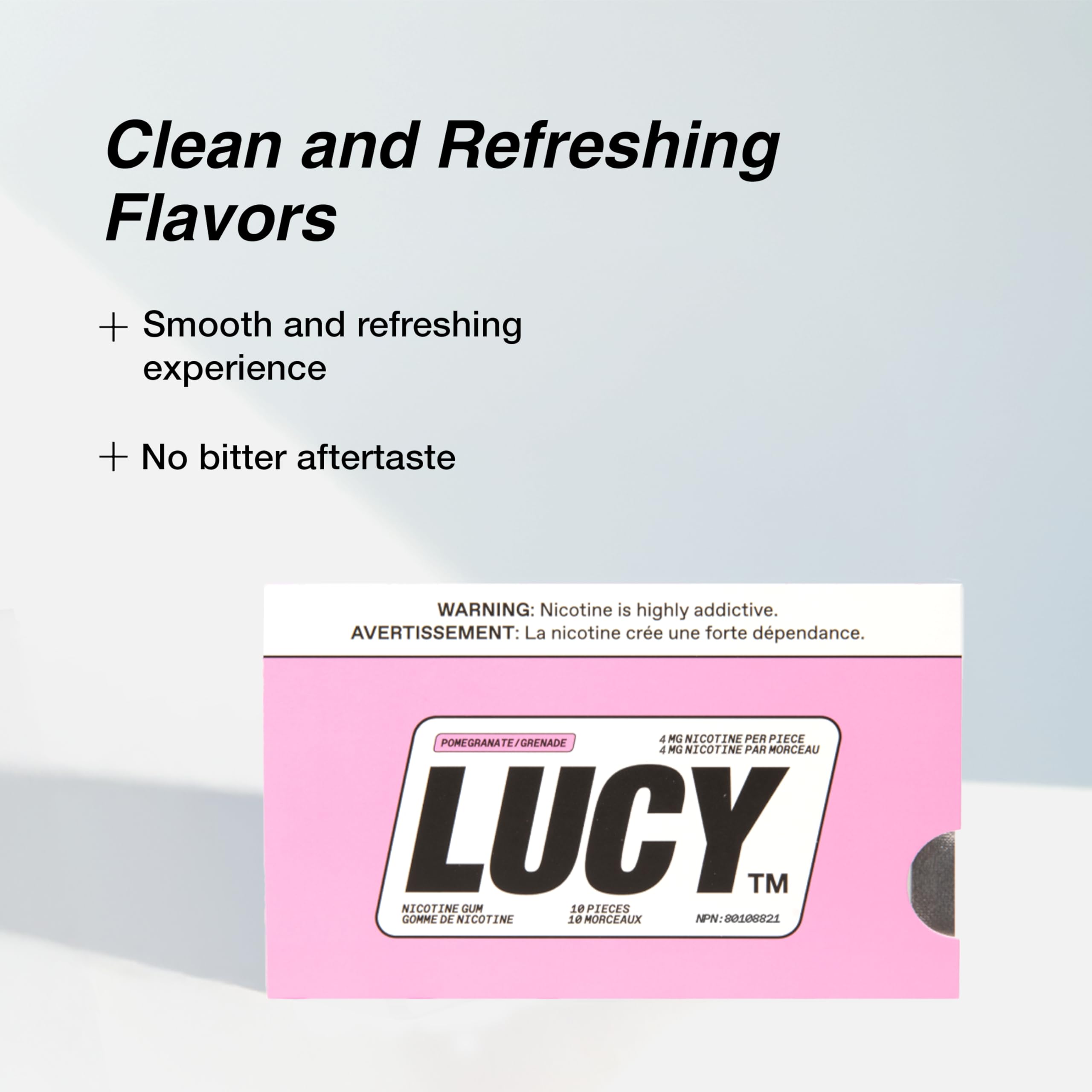 LUCY Nicotine Gum 4mg pomegranate box front view.