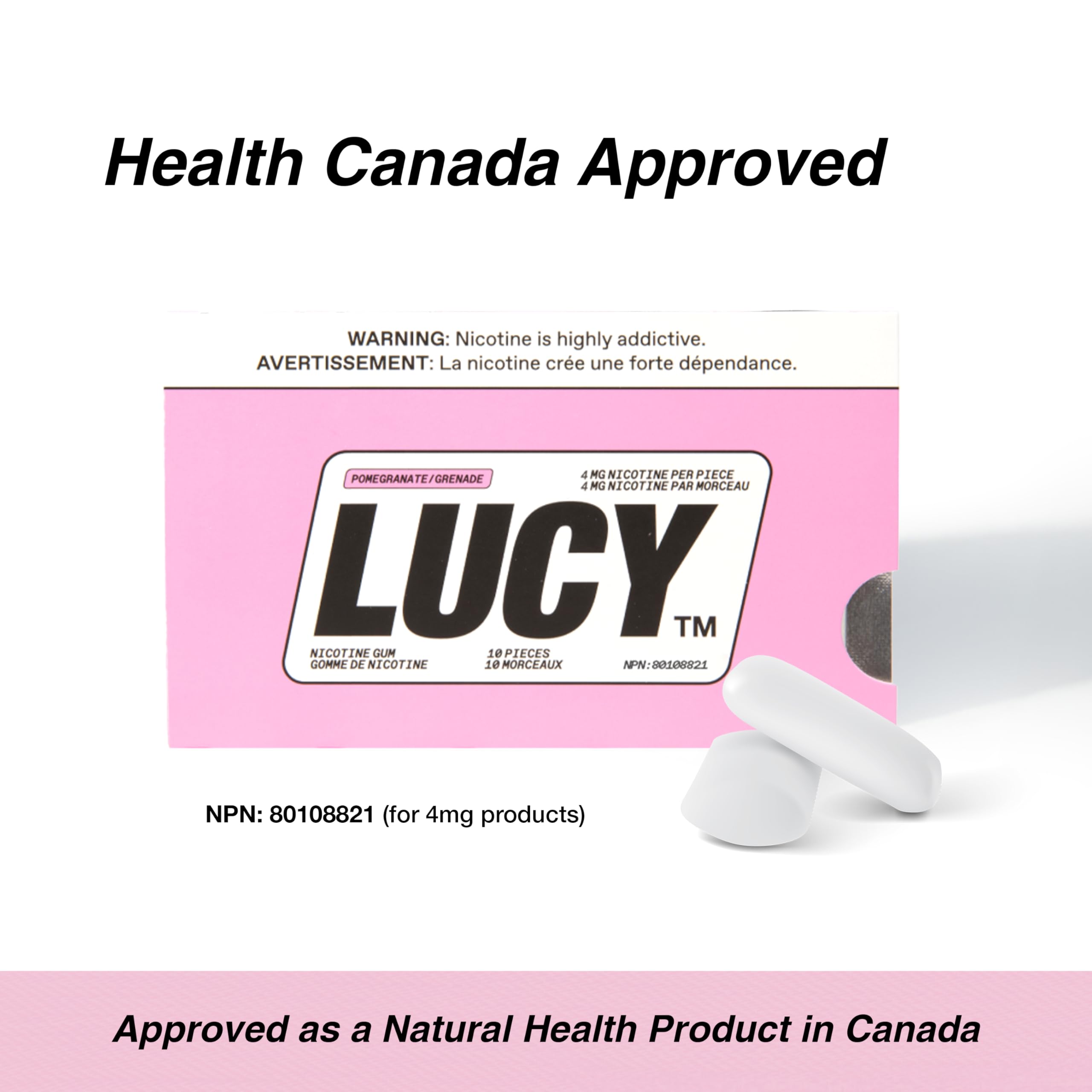 LUCY Nicotine Gum 4mg pomegranate pieces collection on surface.