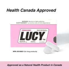 LUCY Nicotine Gum 4mg pomegranate pieces collection on surface.