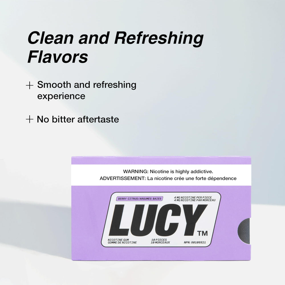 Lucy Nicotine Gum Berry Citrus piece in hand illustrates convenient craving relief