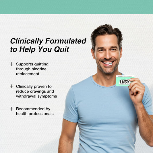 Lucy Nicotine Gum blister pack showing 4mg strength for quit support