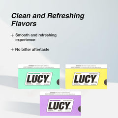 Lucy nicotine gum mango flavor sleeve highlighting tropical fruit taste.