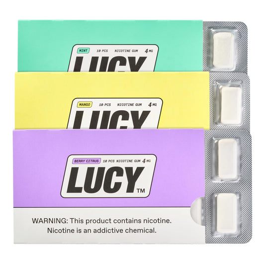 Lucy nicotine gum variety pack front view for convenient on-the-go use.