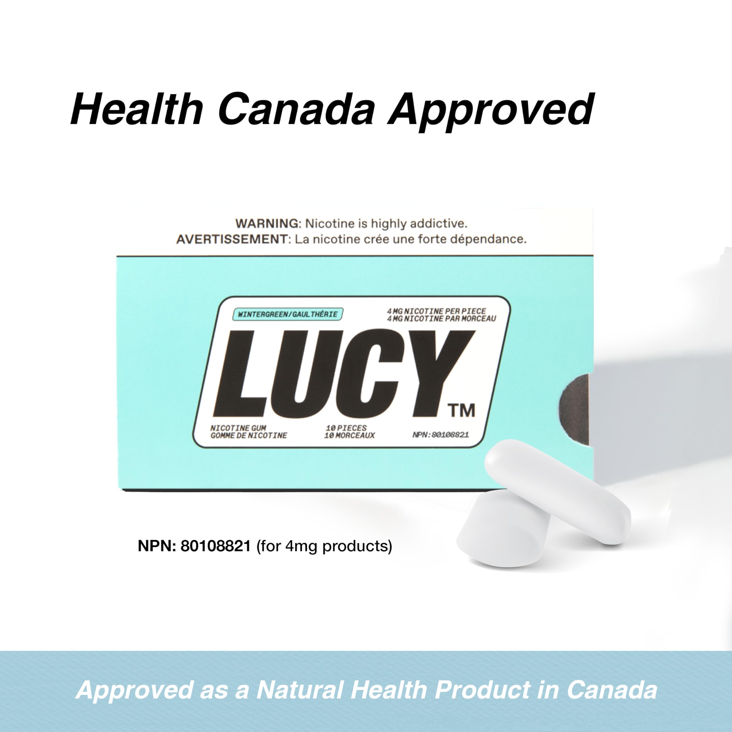 Lucy nicotine gum Wintergreen branding on box for quick recognition