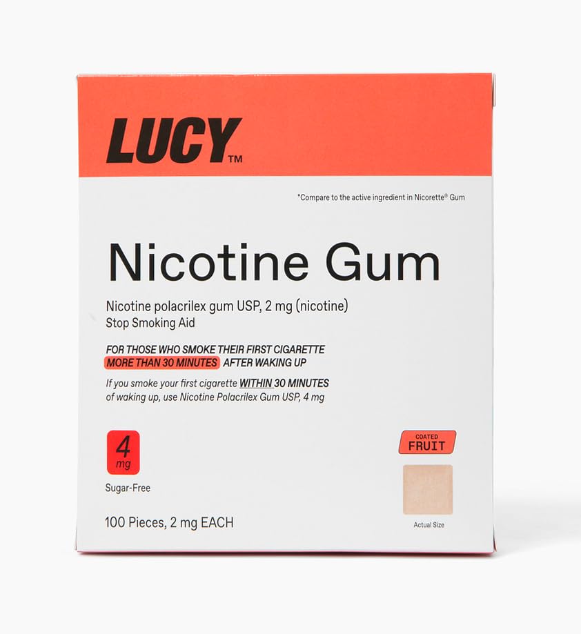 Lucy NRT 4mg fruit-flavor gum box front for quit support.