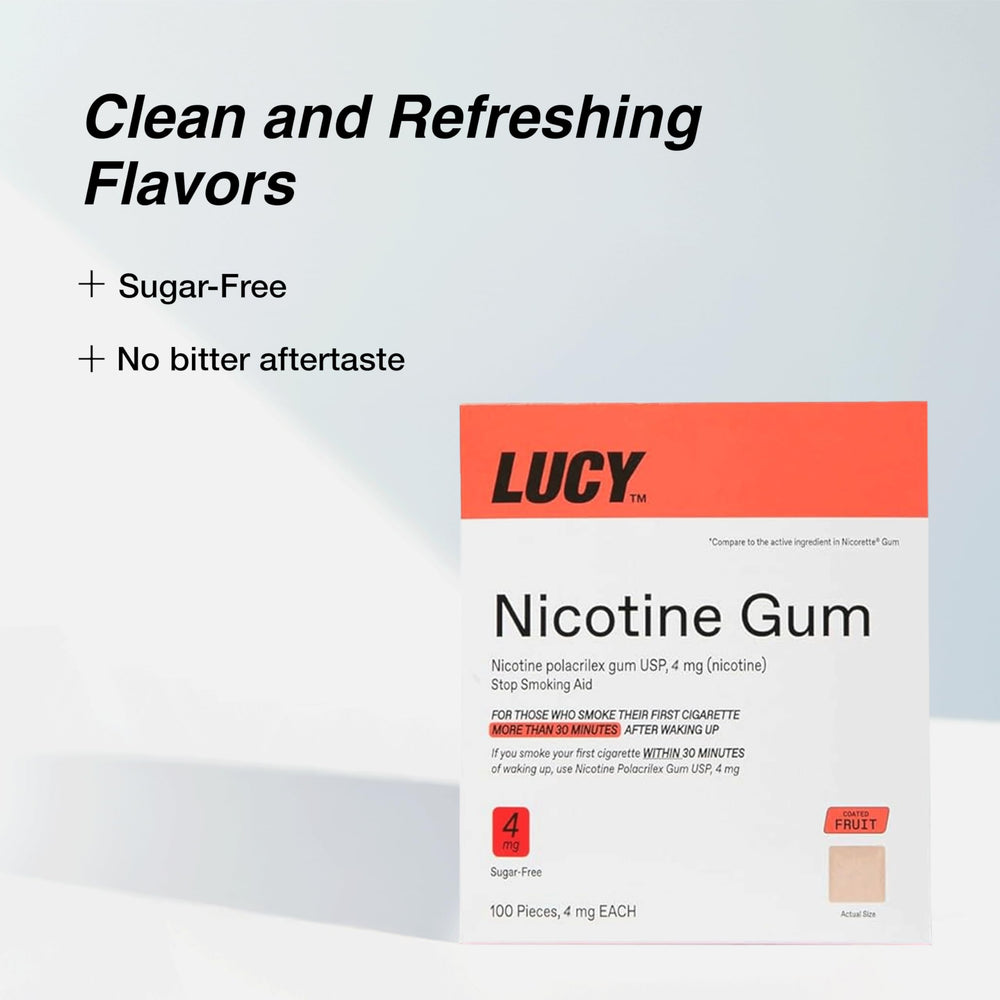 Close-up of coated Lucy NRT fruit-flavor gum pieces for cravings relief.