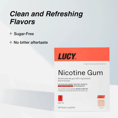 Close-up of coated Lucy NRT fruit-flavor gum pieces for cravings relief.
