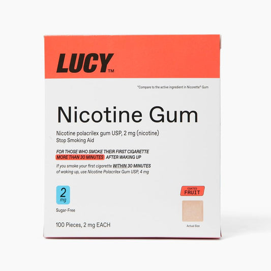 LUCY NRT fruit flavor gum pack eases cravings during quit attempts.