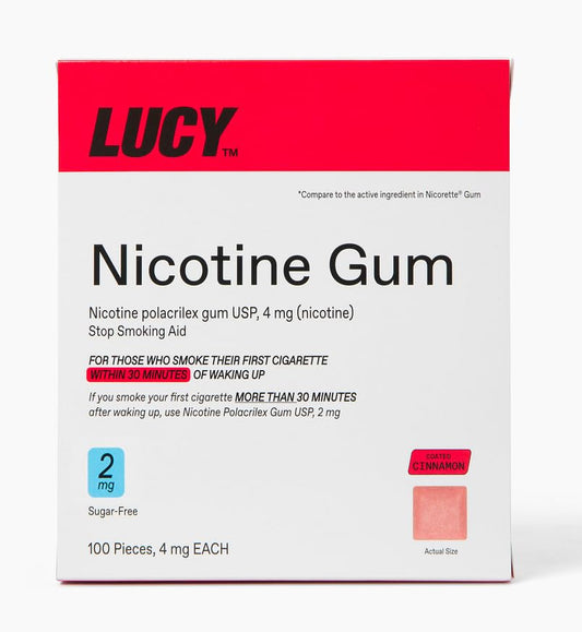 Lucy NRT Cinnamon gum 2mg 100-count box helps manage cravings during quitting.