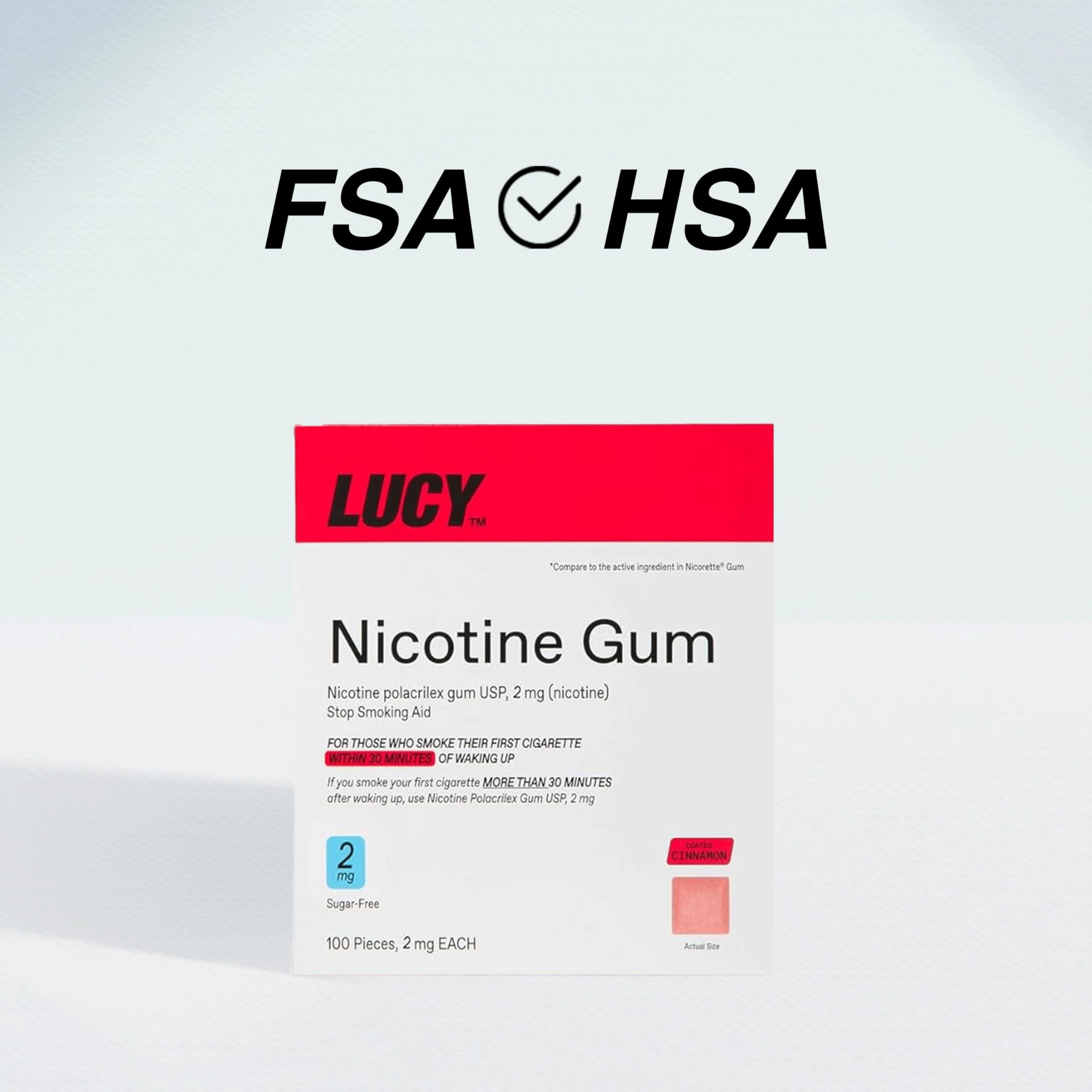 Lucy NRT Cinnamon gum 2mg flavor label emphasizes cinnamon taste.