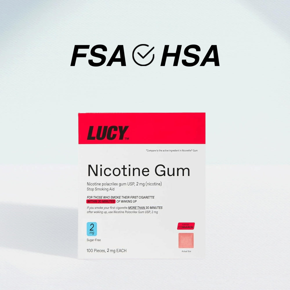 Lucy NRT Cinnamon gum 2mg flavor label emphasizes cinnamon taste.