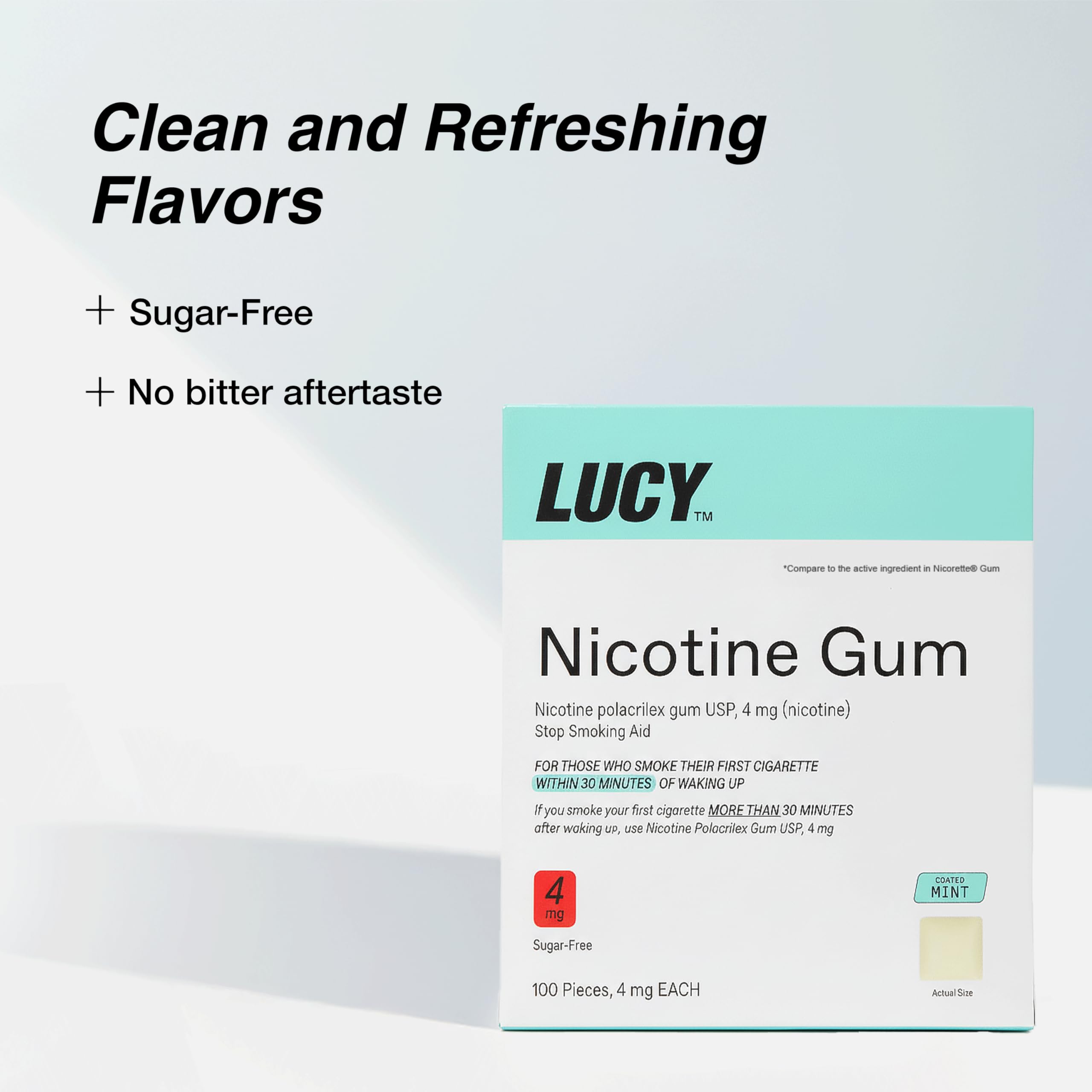 LUCY NRT Mint Gum coated pieces in hand for quick craving relief.
