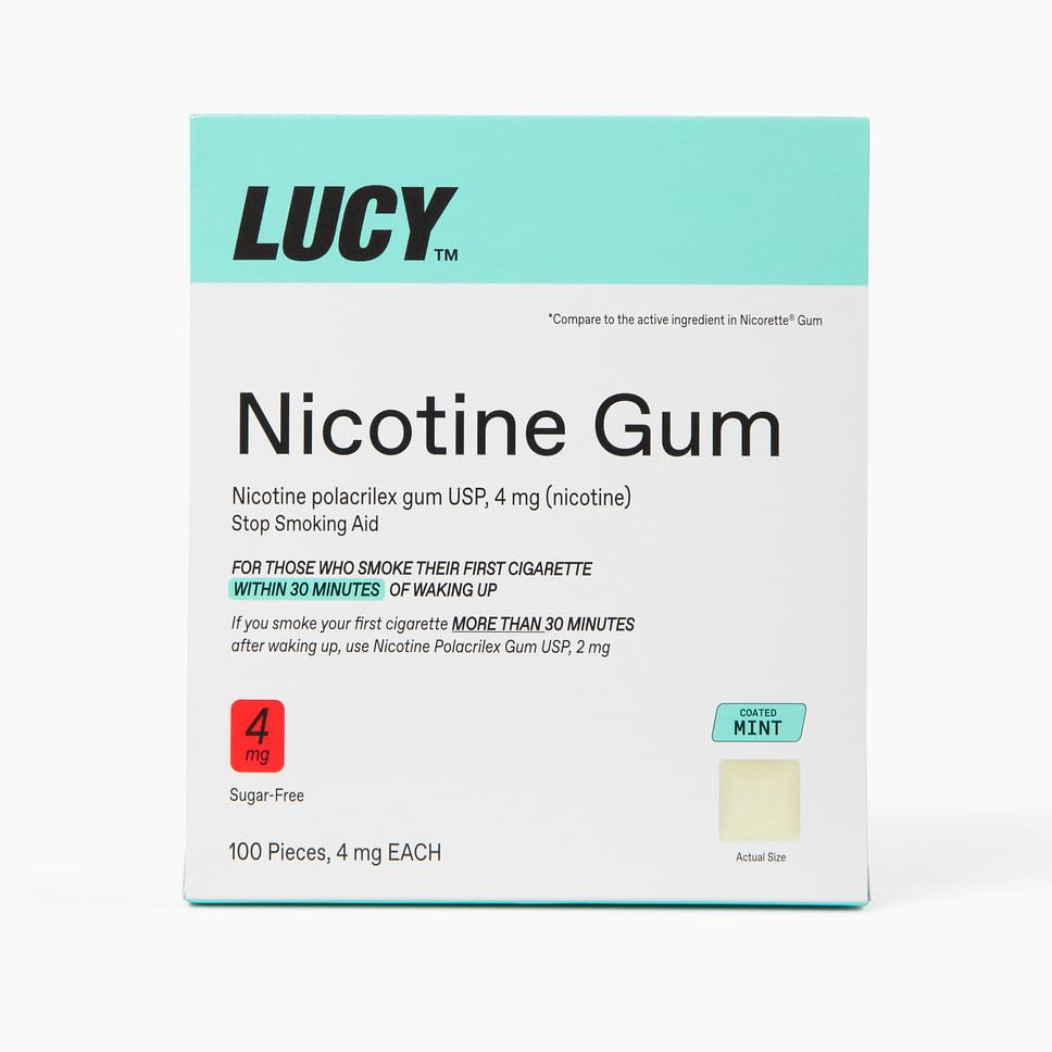LUCY NRT Mint Gum Pack shows a 100-piece supply for quit support.
