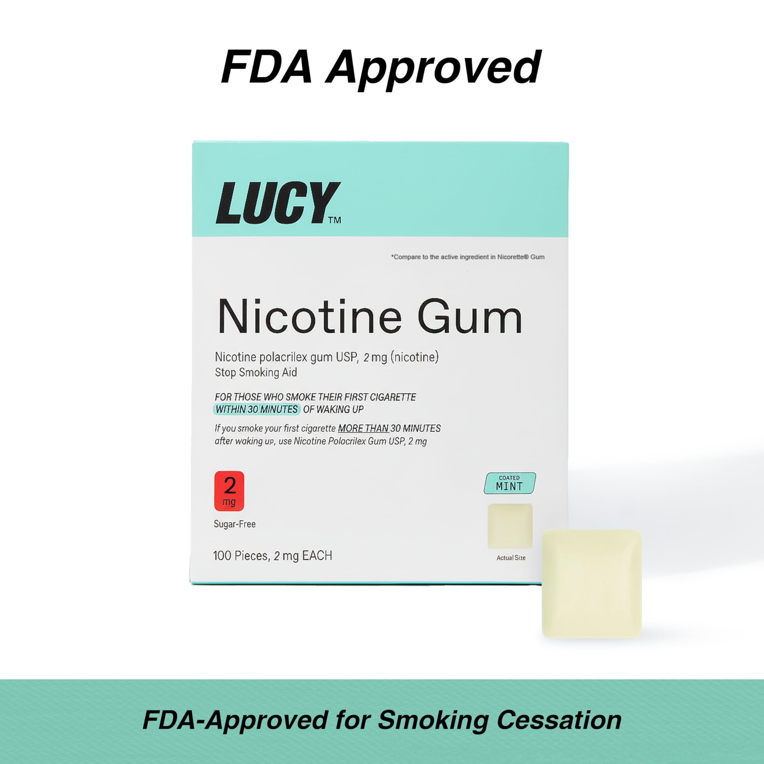 Lucy NRT nicotine gum mint foil wrap close-up demonstrates freshness and convenience.