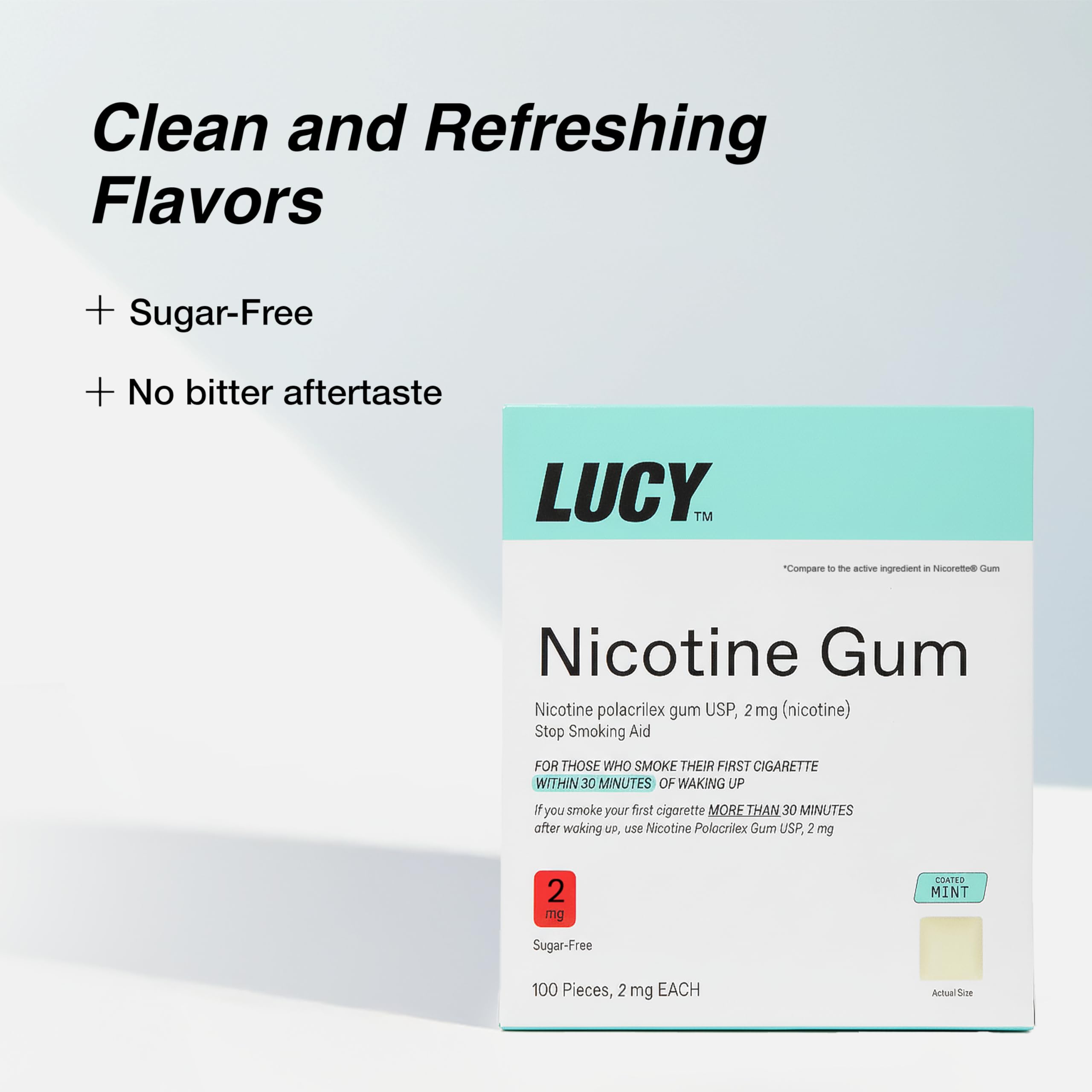 Lucy NRT nicotine gum mint pack side view highlights compact, on-the-go quit aid.