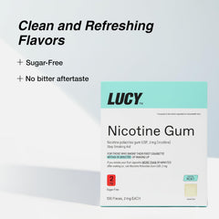 Lucy NRT nicotine gum mint pack side view highlights compact, on-the-go quit aid.
