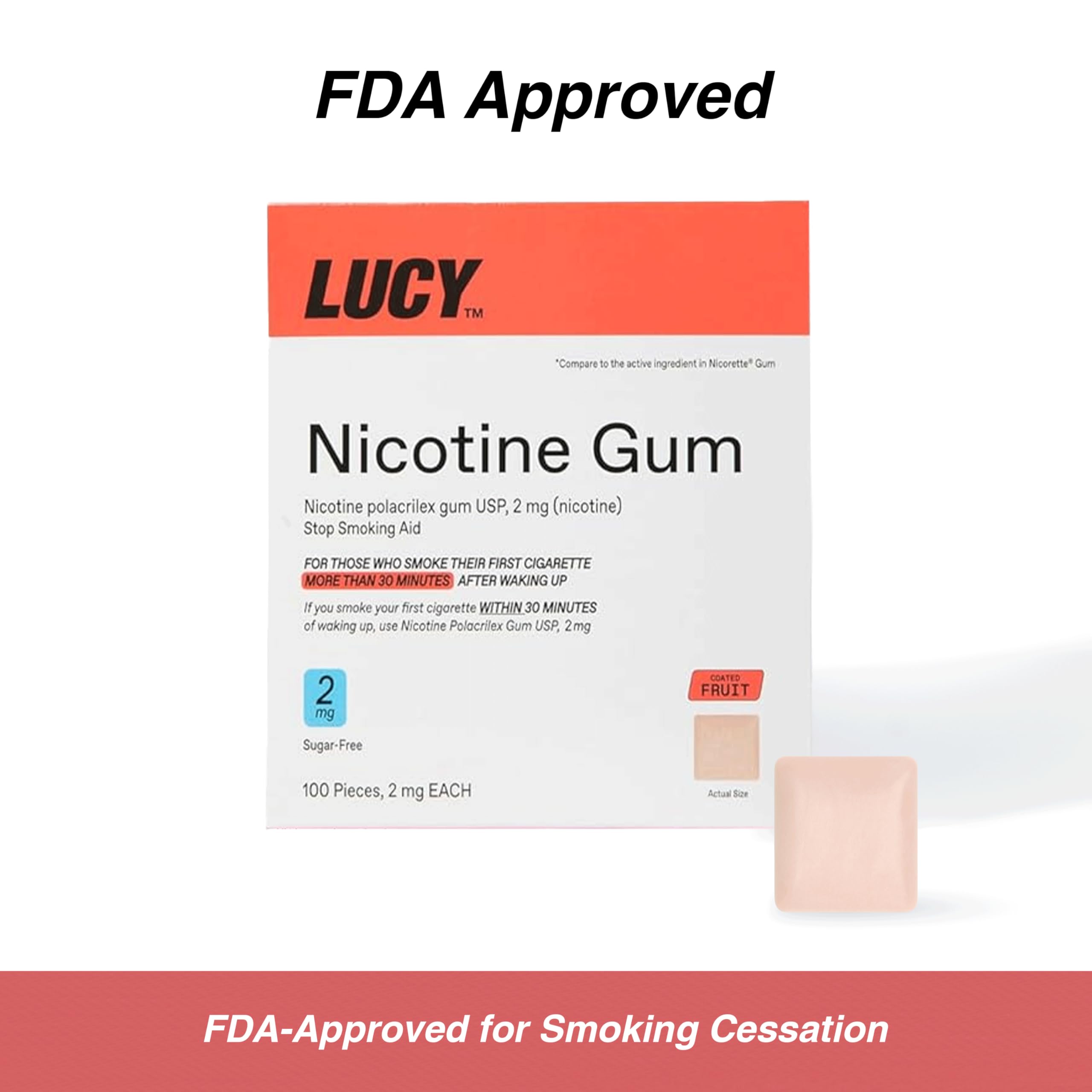 LUCY NRT nicotine gum on table suggests on-the-go relief.