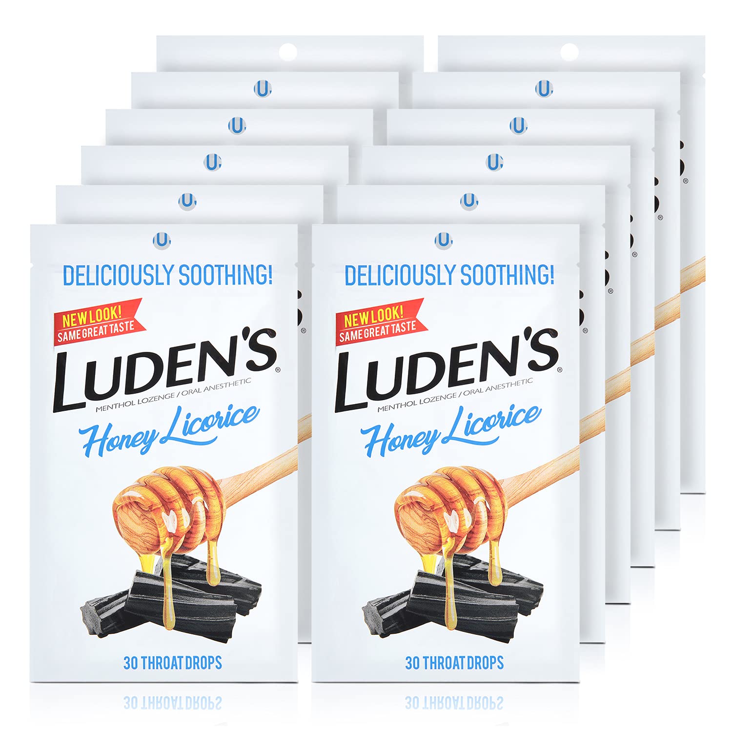 Luden's Throat Drops Honey Licorice 30-count display showcases soothing flavor for irritated throats.