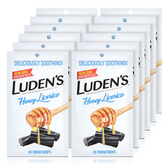 Luden's Throat Drops Honey Licorice 30-count display showcases soothing flavor for irritated throats.