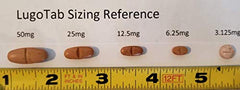LugoTab packaging label emphasizing iodine-based supplement and quality oversight.