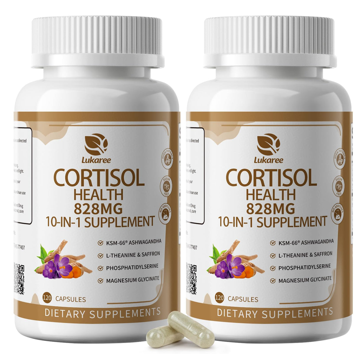 Lukaree 10-in-1 cortisol bottle front label showing 60-day daily balance.