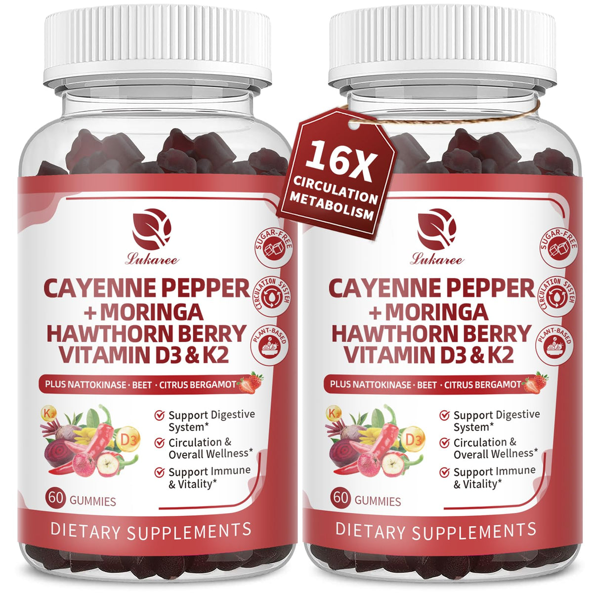 Lukaree 16in1 Cayenne Gummies berry flavor bottle showing sugar-free daily circulation support