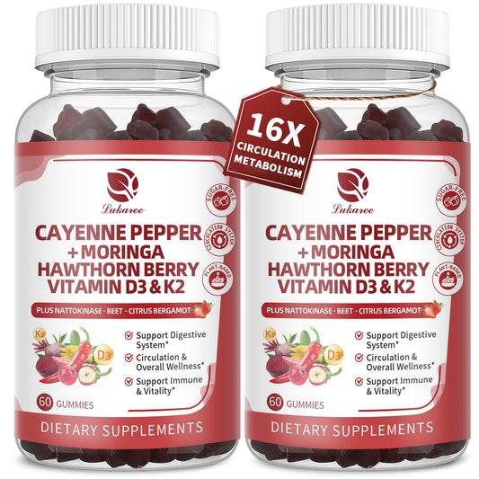 Lukaree 16in1 Cayenne Gummies berry flavor bottle showing sugar-free daily circulation support