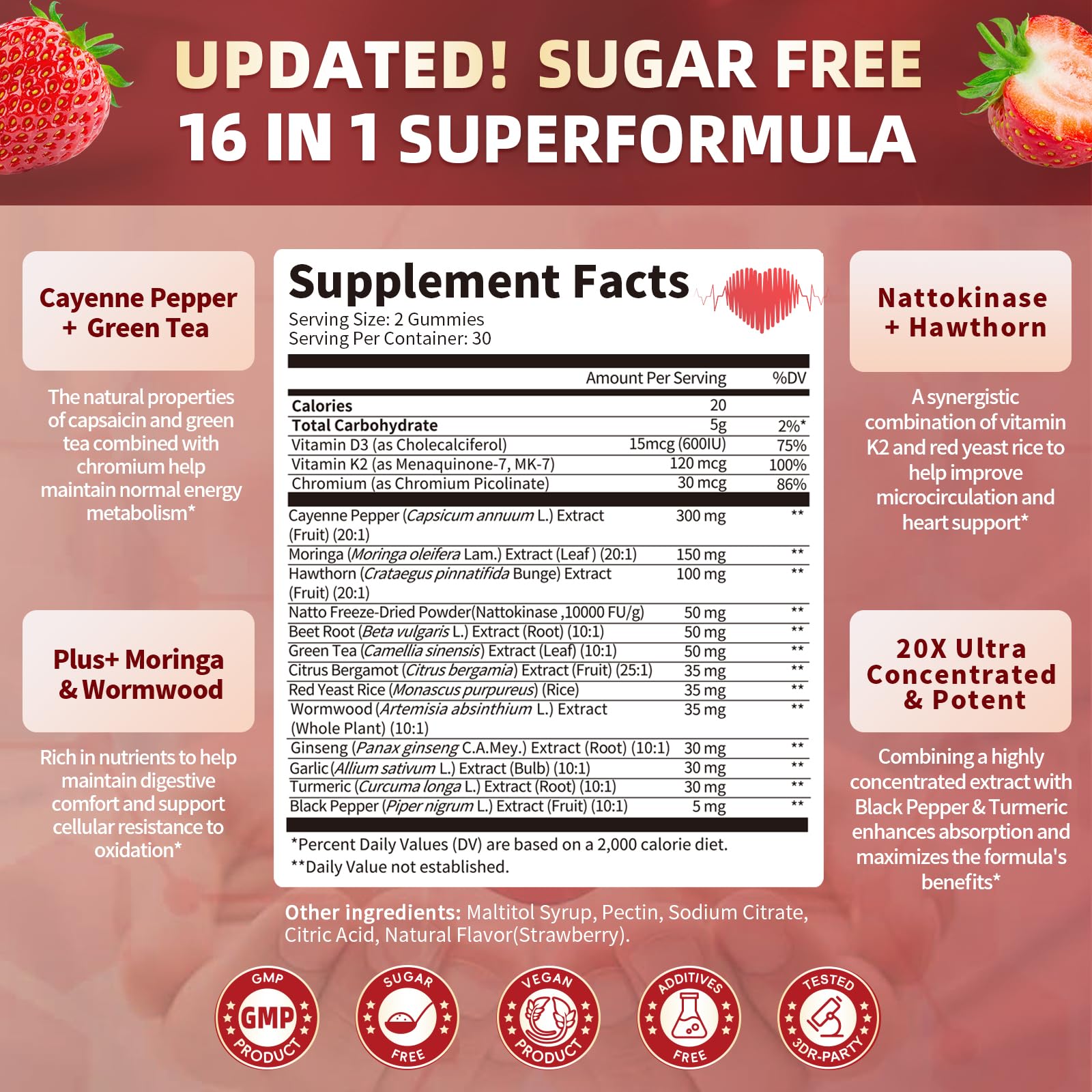 Lukaree 16in1 Cayenne Gummies closeup of ingredients including beetroot and hawthorn