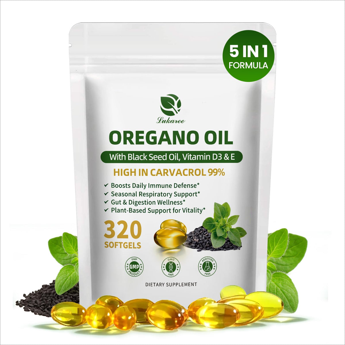 Lukaree 5-in-1 oregano oil bottle pour for easy daily dosing.