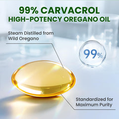 Lukaree oregano oil bottle label detail highlighting 99% carvacrol potency.