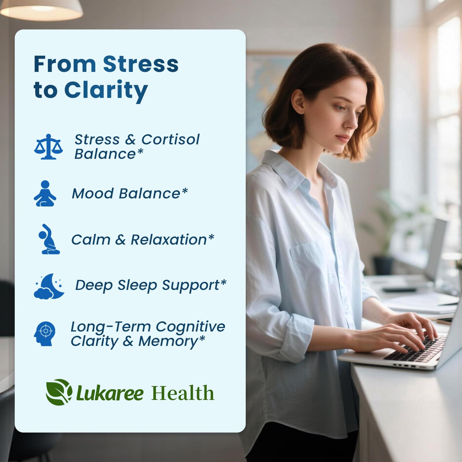 Lukaree Ashwagandha bottle showcases stress balance support for balanced days.