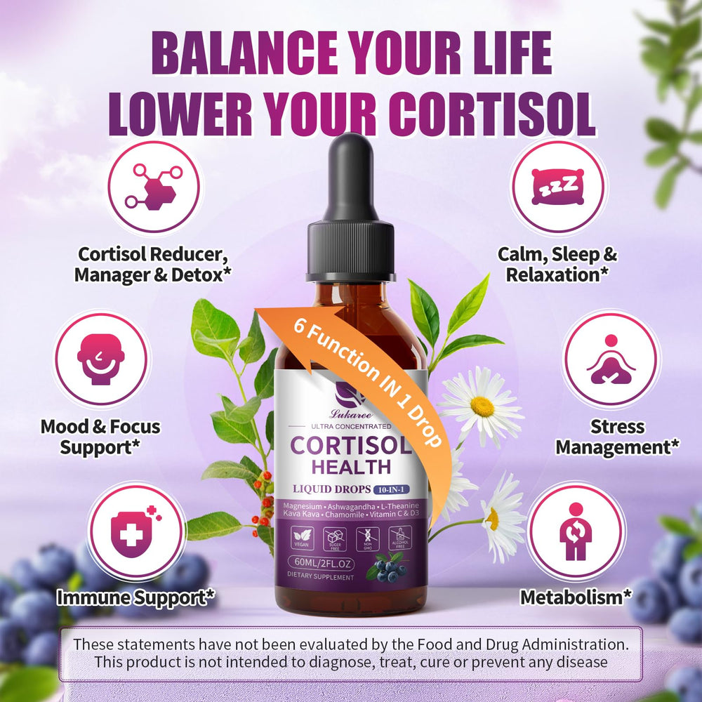 Lukaree Cortisol Drops packaging close-up highlights vegan, clean ingredients.