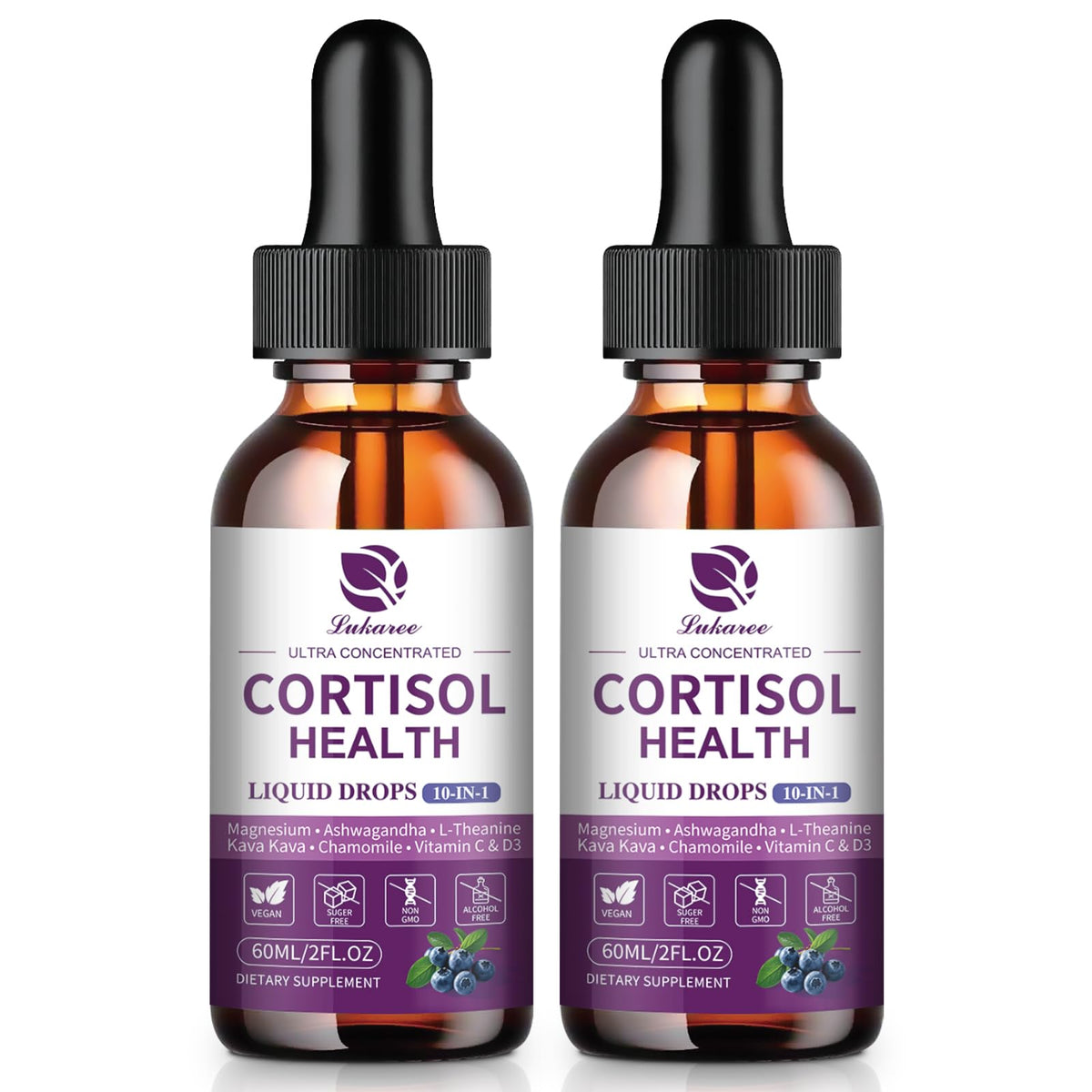 Lukaree Cortisol Drops blueberry bottle ready for daily calm and focus.