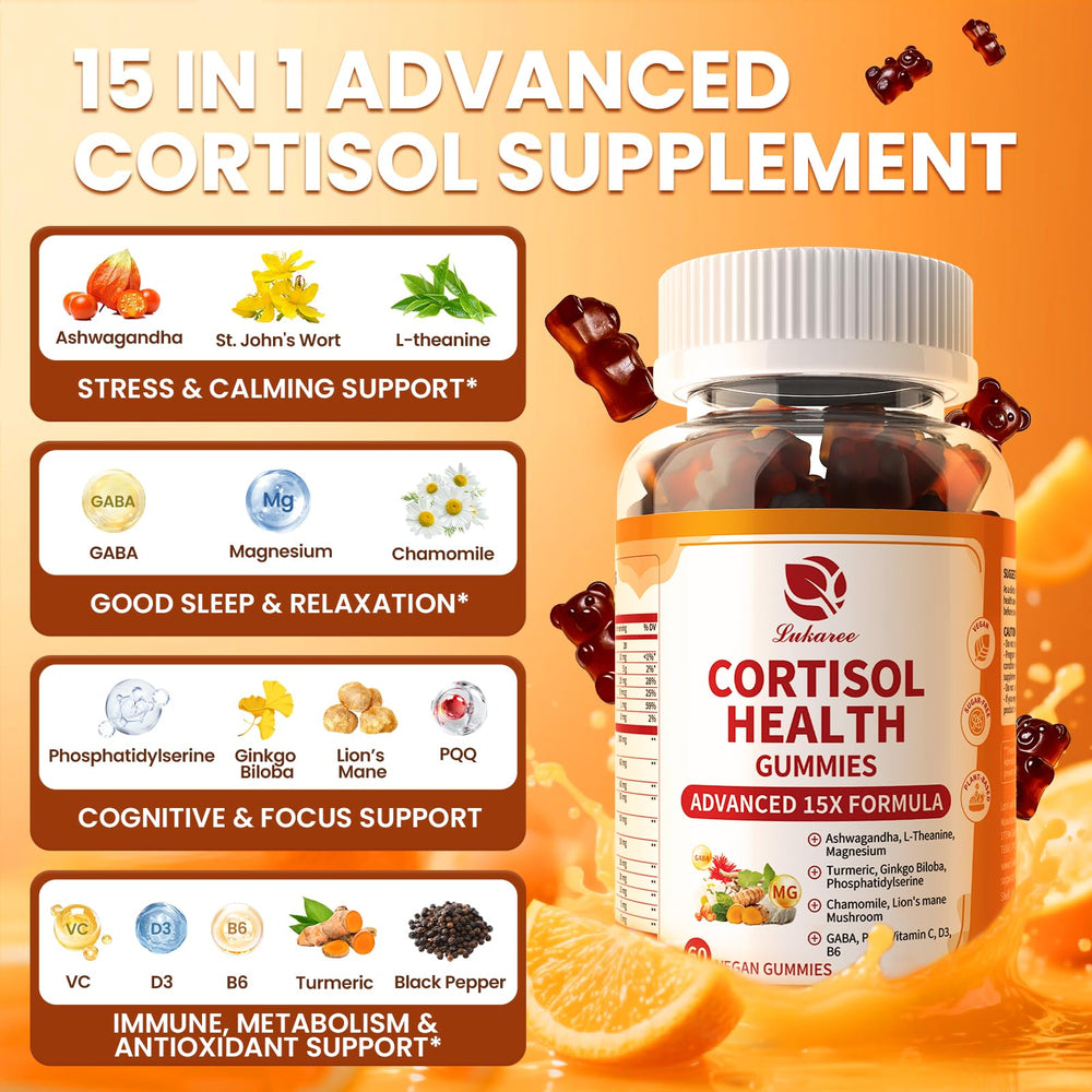 Lukaree cortisol gummies with Ashwagandha and magnesium, designed for stress support.