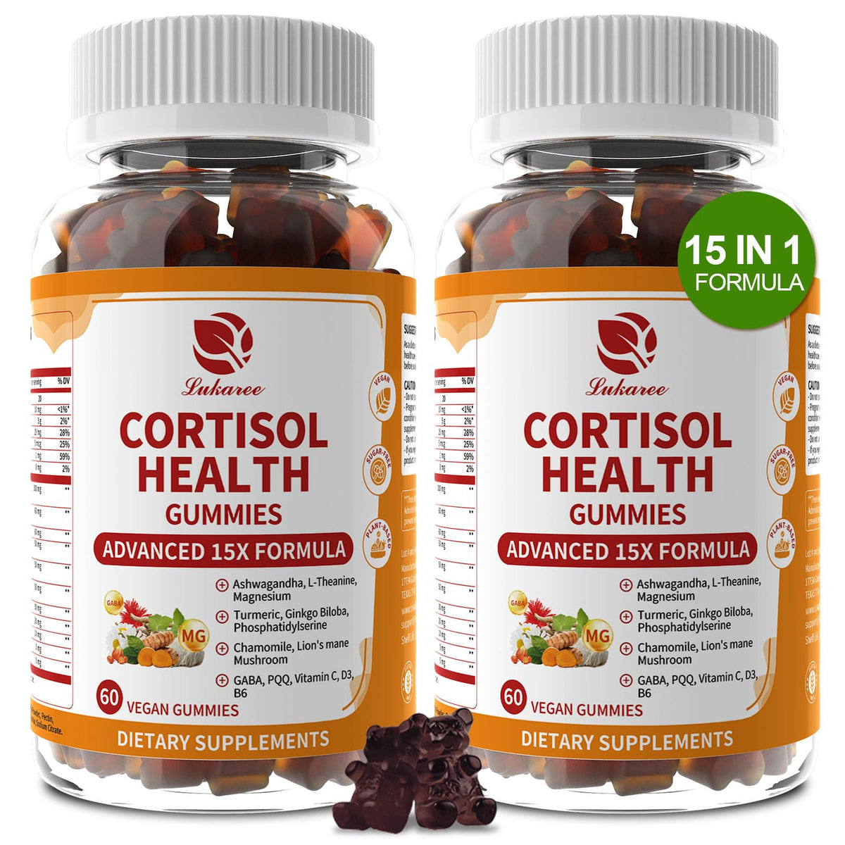 Lukaree cortisol supplements bottle shows 15-in-1 formula for daily calm and focus.
