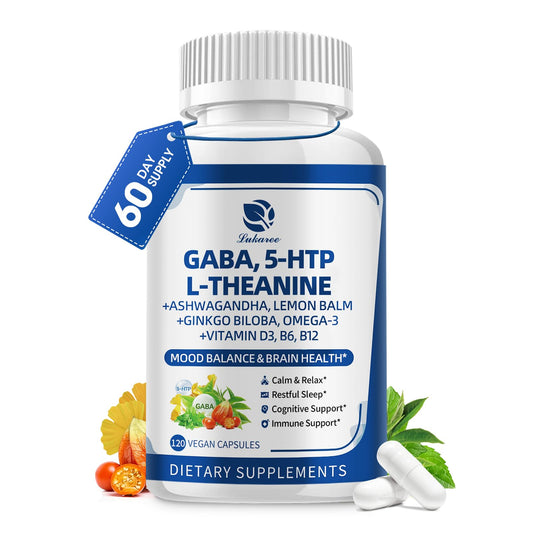 Lukaree GABA bottle close-up showing the 750mg calm formula for sleep and mood support.
