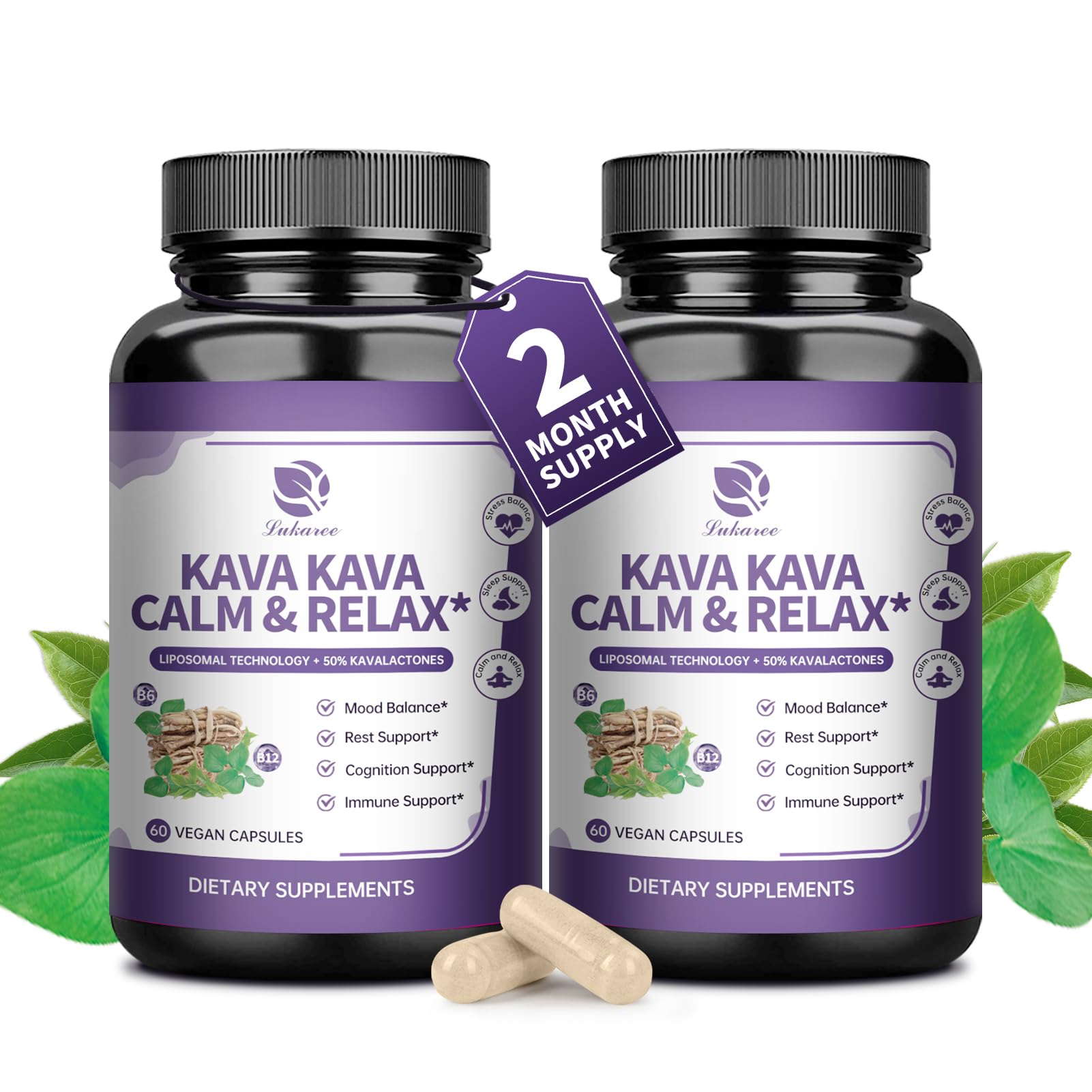 Lukaree Kava Capsules bottle front for daily calm and balance.