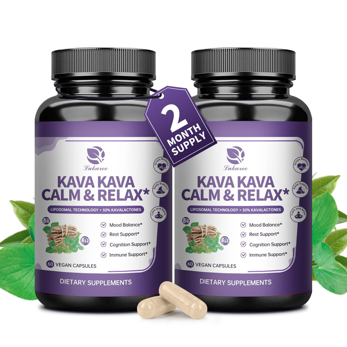 Lukaree Kava Capsules bottle front for daily calm and balance.