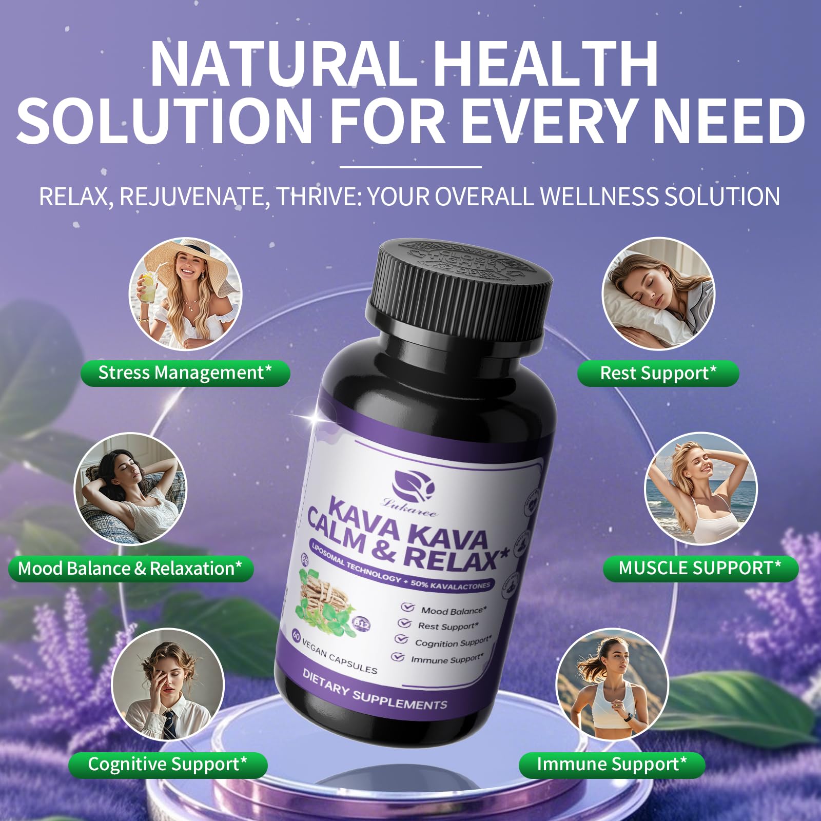 Lukaree L-Theanine capsule pairing close-up suggests mood balance and better sleep.