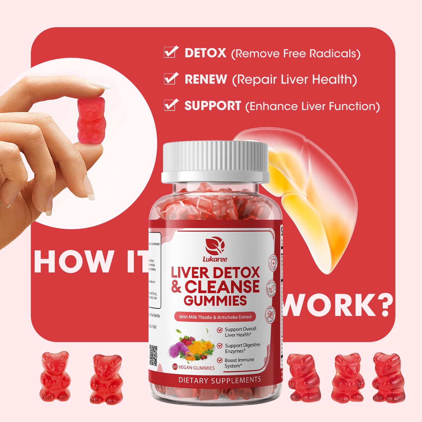 Lukaree Liver Cleanse Detox Gummies artichoke ingredient image emphasizes herbal balance.